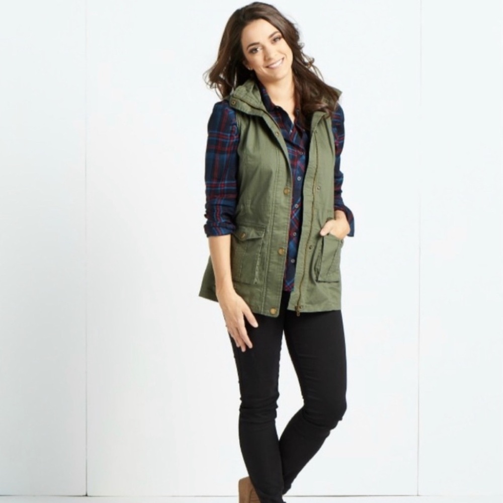 Market & Spruce Safari Cargo Utility Vest Hooded Army Green Womens Size Large
